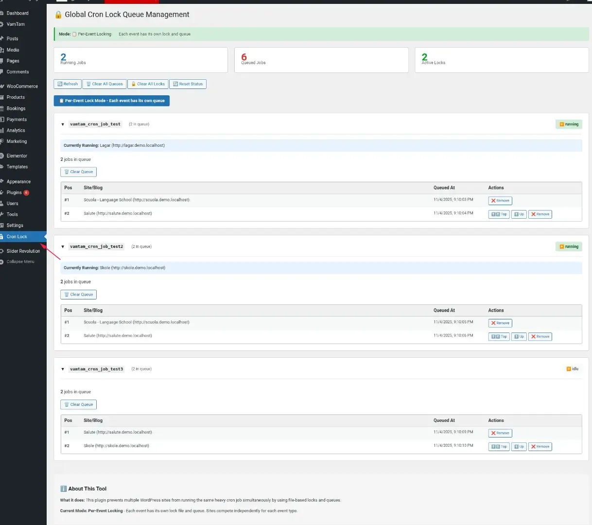 Global Cron Lock WordPress dashboard with running jobs, queued jobs and active locks