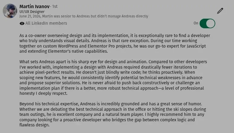 Original LinkedIn recommendation screenshot by Martin Ivanov