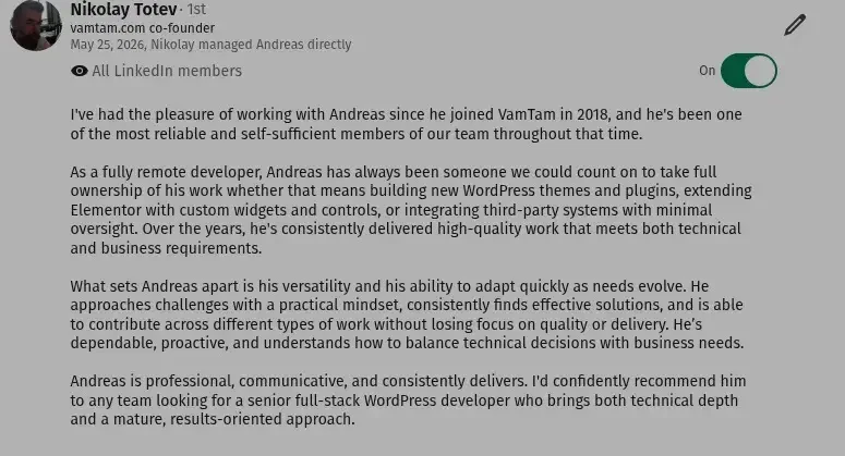 Original LinkedIn recommendation screenshot by Nikolay Totev