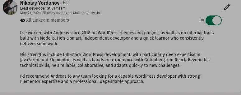 Original LinkedIn recommendation screenshot by Nikolay Yordanov