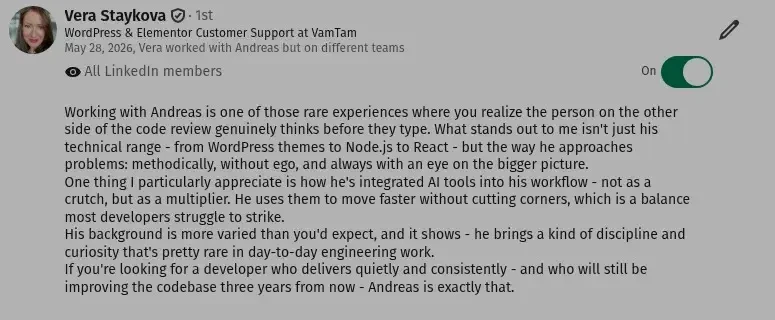 Original LinkedIn recommendation screenshot by Vera Staykova