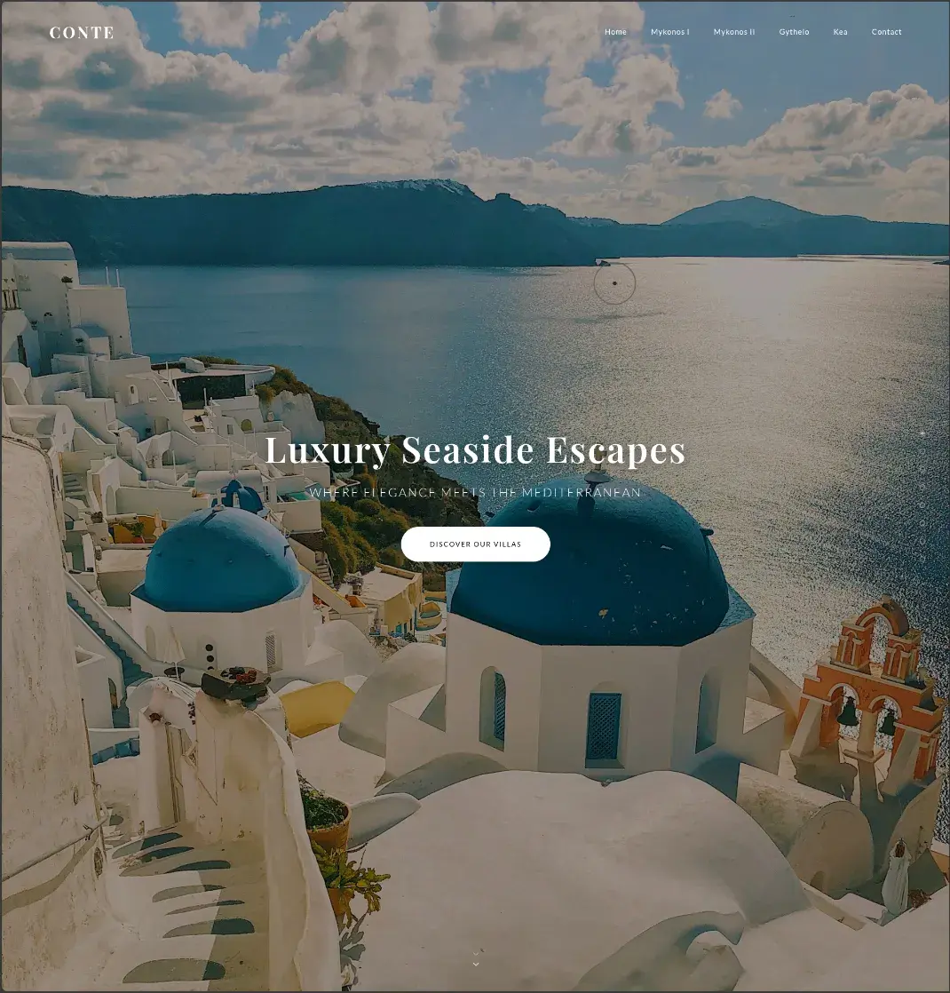 Conte Suites homepage with sea-view hero and navigation