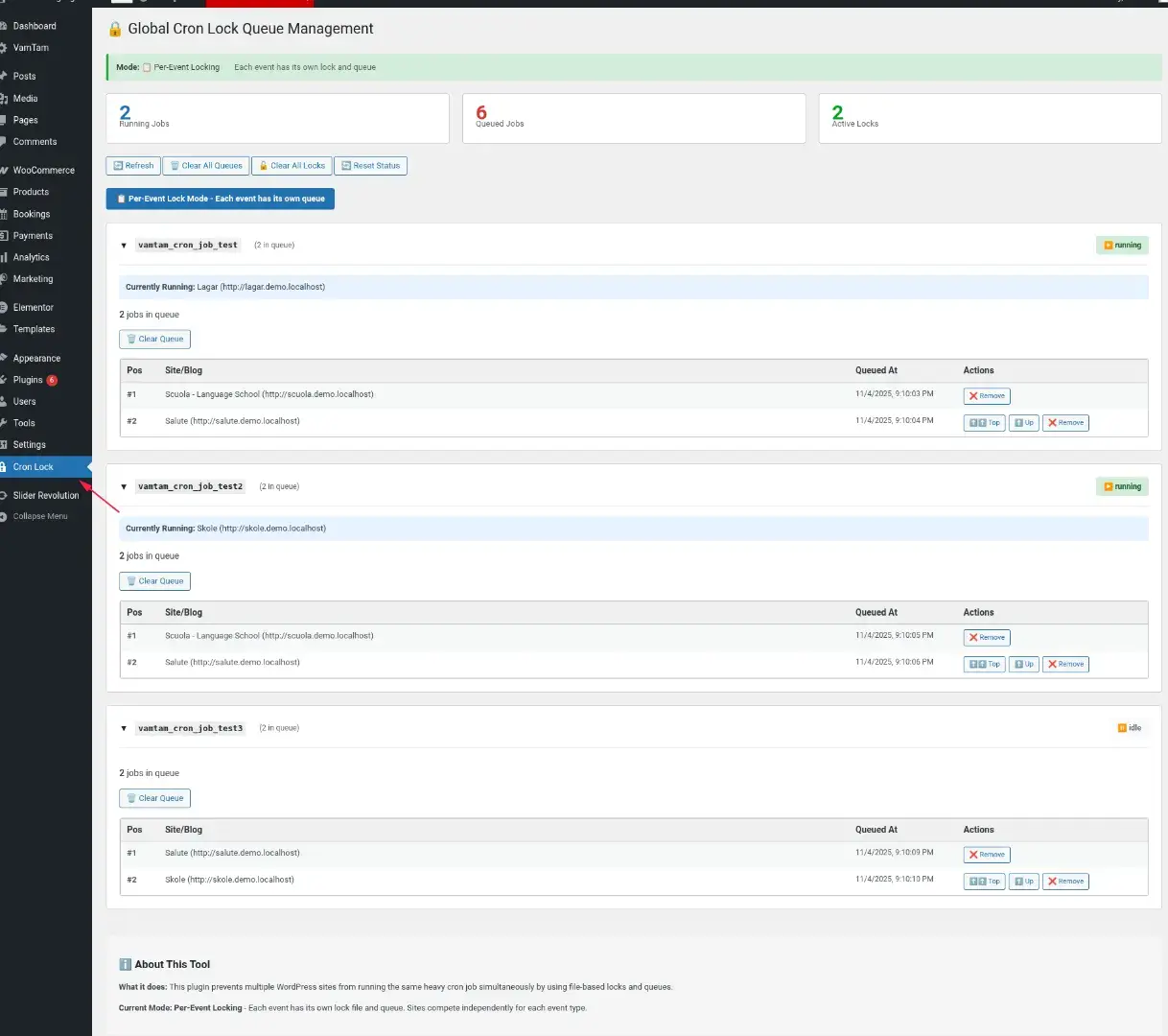Global Cron Lock WordPress dashboard with running jobs, queued jobs and active locks